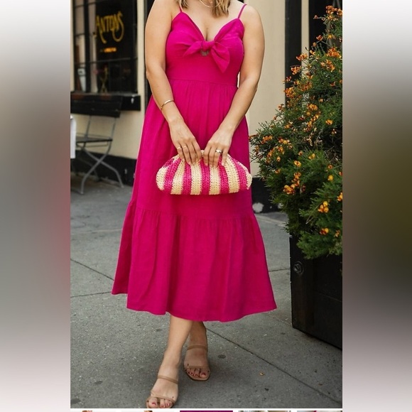 NWT LOFT Beach Tie Front Bow Strappy Linen Blend Midi Dress Hot Pink vacation - Picture 5 of 11